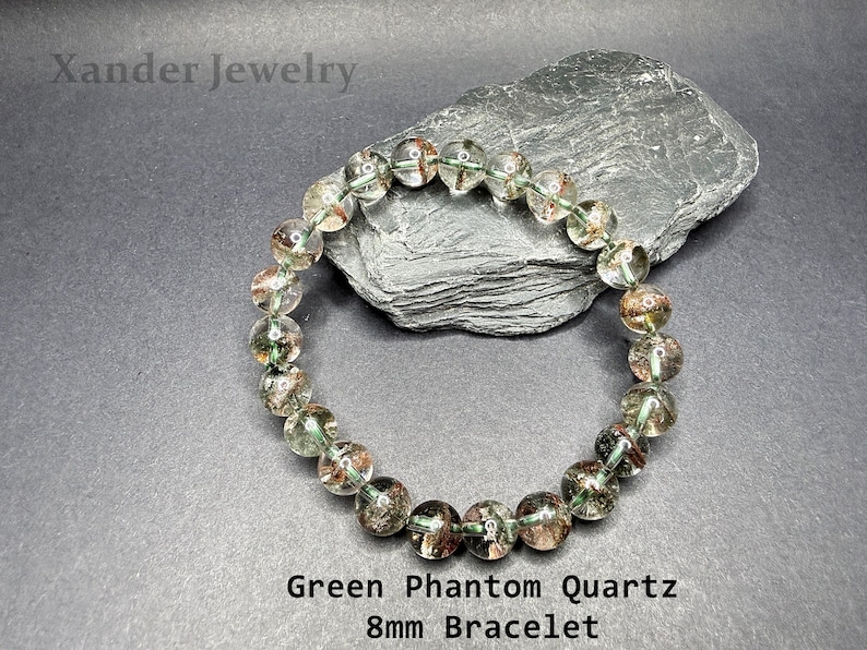 Natural Brazilian Phantom Quartz Bracelet/ 8mm to 12mm Green Brown Minerals Matrix Stretchy Bracelet/The Stone of Transformation and Luck 8mm Bracelet