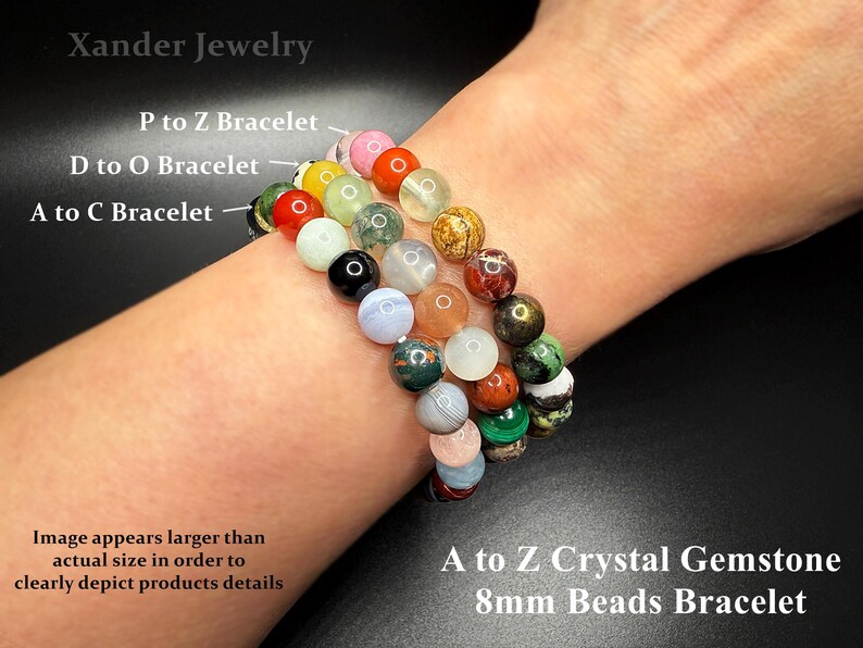 A to Z Natural Crystal Gemstone Bracelet Set/ 8mm Stone Beads (no repeats) Stretch Bracelet/ Energy Healing Protection Power Unique Gifts image 7