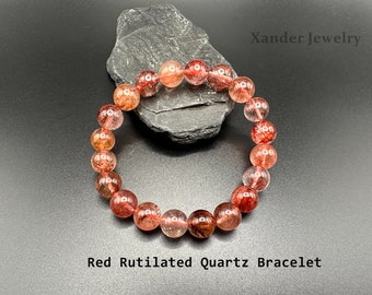 Natural Red Rutilated Quartz Bracelet/ 6, 8, 9.5mm Round Beads Red Rutilated Quartz Bracelet/ A Warm and Positive Stone
