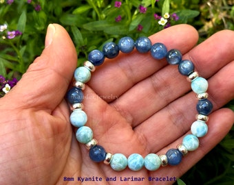 Genuine Untreated Brazilian Kyanite and Dominican Larimar Bracelet/ 8mm Round Beads with Silver Bracelet/ Calming, Stress Soother Bracelet
