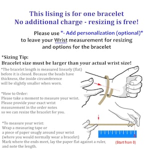 May include: An instructional graphic for bracelet sizing featuring text and two illustrations. One illustration shows a measuring tape around a wrist, and the other shows a strip of paper being measured against a ruler starting from the zero mark.