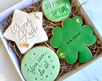 Lucky clover - good luck cookies - good luck biscuits - good luck card - good luck exams - gcse gift - a levels - personalised biscuits