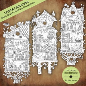 May include: Three black and white illustrations of whimsical tree houses with bookshelves, each with the text "Little Library" on the front. The illustrations are designed for coloring.