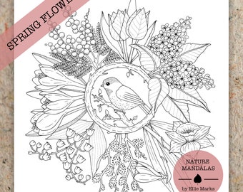 SPRING FLOWERS Nature Mandala: Hand-drawn coloring page