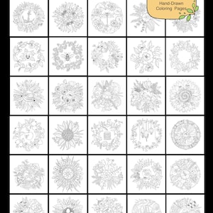 K&ouml;nnte beinhalten: Ein schwarz-wei&szlig; Malbuch mit dem Titel "Encircled In Nature" von Ellie Marks. Das Buch enth&auml;lt 52 handgezeichnete Malvorlagen mit detaillierten floralen und Naturmotiven, darunter Kr&auml;nze, Blumen und Insekten.