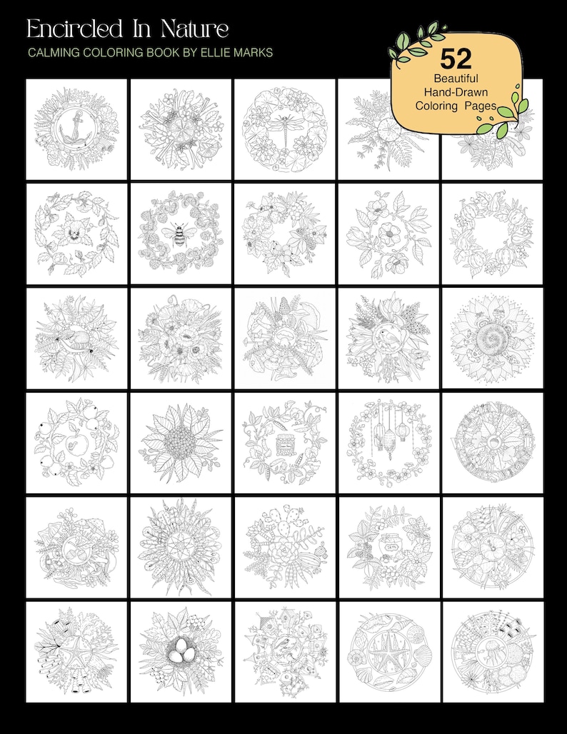 K&ouml;nnte beinhalten: Ein schwarz-wei&szlig; Malbuch mit dem Titel "Encircled In Nature" von Ellie Marks. Das Buch enth&auml;lt 52 handgezeichnete Malvorlagen mit detaillierten floralen und Naturmotiven, darunter Kr&auml;nze, Blumen und Insekten.