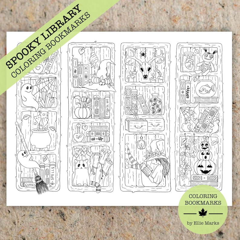 Coloring Bookmarks by Ellie Marks Spooky Library Halloween Printable