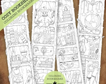 Coloring Bookmarks by Ellie Marks | Cozy Bookshelves | Printable Adult Colouring Page Coloring Book Gift Instant Download PDF JPG