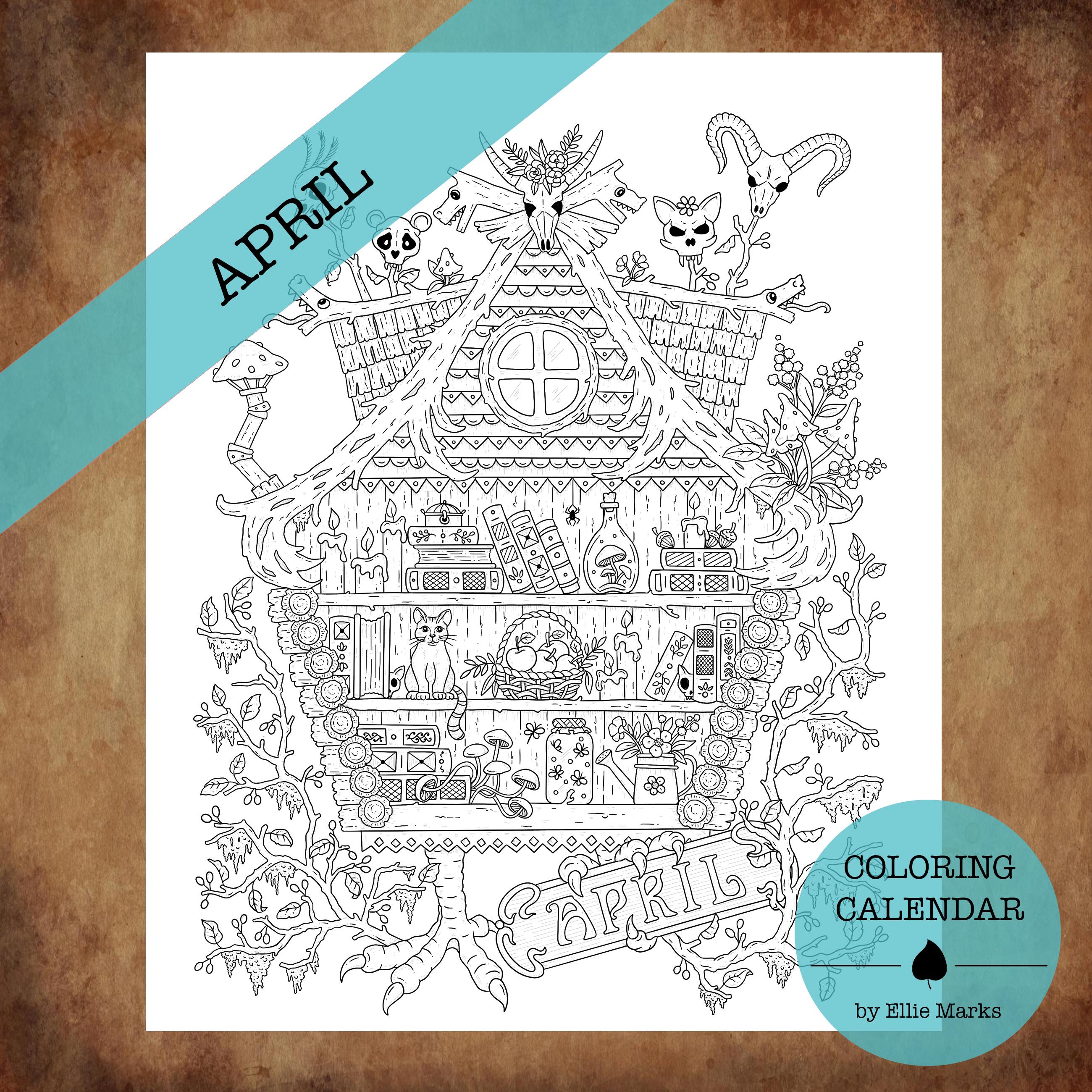 APRIL Coloring Calendar Page: Hand-drawn Printable (PDF, JPG) - Etsy