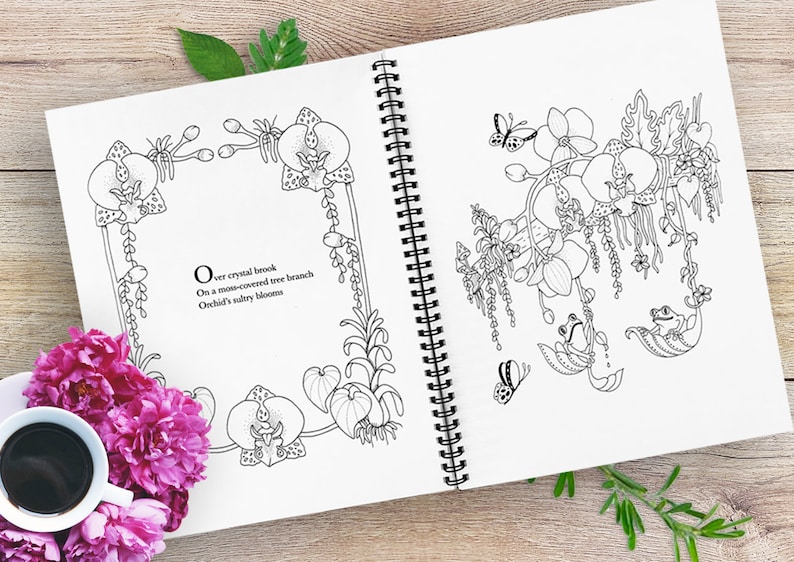 Peut inclure: Carnet de croquis ouvert avec des illustrations florales en noir et blanc, dont des orchid&eacute;es, des papillons et des grenouilles. Le texte dit : "Over crystal brook, On a moss-covered tree branch, Orchid's sultry blooms." Une tasse de caf&eacute; et des fleurs roses sont au premier plan.
