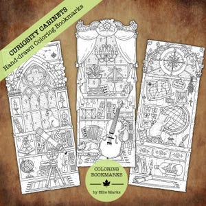 May include: Three black and white coloring bookmarks with detailed illustrations. Each bookmark features a different theme: a gothic window, a musical scene, and a map with a compass. Text on the bookmarks reads "CURIOSITY CABINETS" and "COLORING BOOKMARKS".