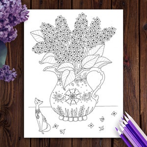 May include: A black and white line drawing of a vase filled with lilac flowers. The vase is decorated with a floral pattern. A cat sits to the left of the vase.