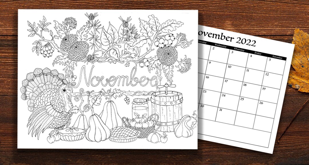 November Calendar Coloring Set Coloring Page November 2022 Etsy