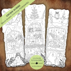 May include: Three black and white coloring bookmarks with gnome homes scenes. Each bookmark features a different interior scene with gnomes, animals, and decorative elements. The text "GNOME HOMES Hand-drawn Coloring Bookmarks" is visible.