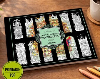 32 Detailed Cozy Bookshelf Coloring Bookmarks Hand Drawn Library Printable PDF