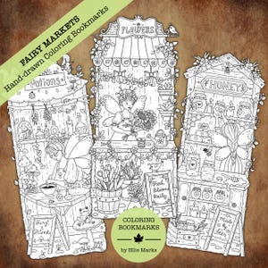 Op de afbeelding: Drie zwart-wit kleur-bladwijzers getiteld FAIRY MARKETS. De ontwerpen tonen feeën in winkels met de labels POTIONS, FLOWERS en HONEY, met details zoals potten, planten, paddenstoelen en bordjes met de tekst Fungi & Friends, Fresh Blooms Daily en made by bees.