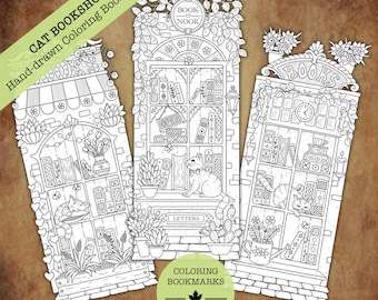 May include: Three hand-drawn coloring bookmarks featuring cat bookshops. Each bookmark showcases a detailed illustration of a bookstore window with books, plants, and a cat. The text "CAT BOOKSHOPS" and "COLORING BOOKMARKS" are visible.