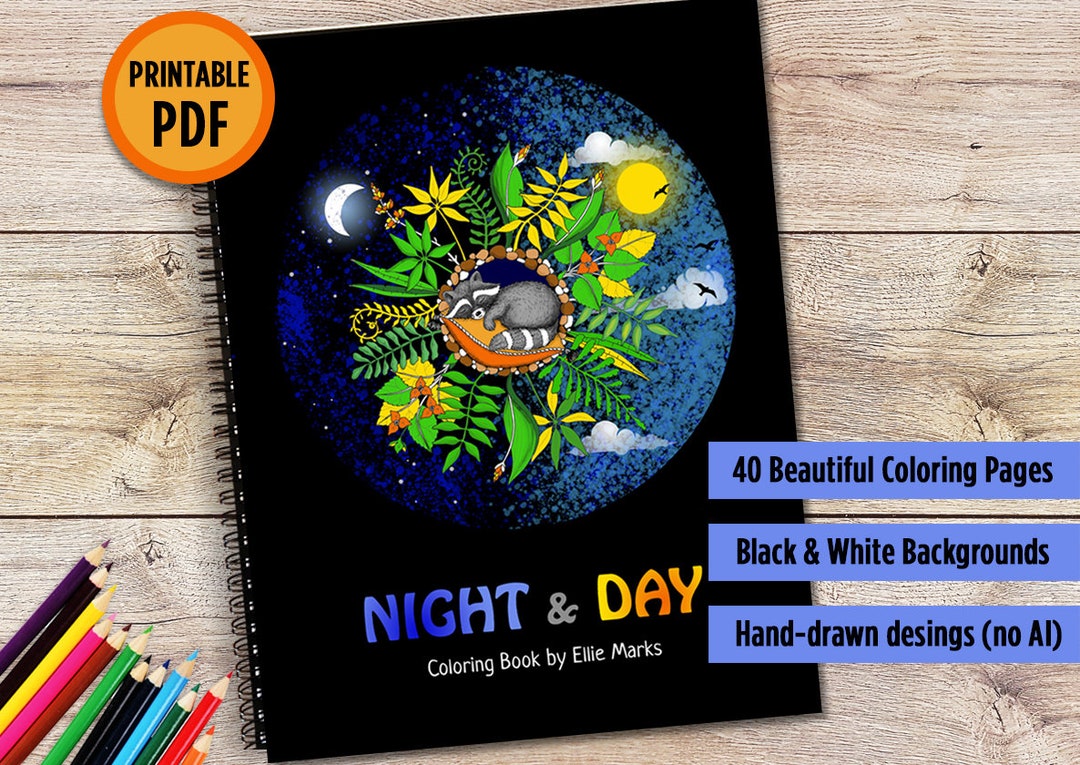 Night &amp; Day Printable Coloring Book for Adults Black Background Digital ...