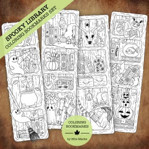 Puede incluir: Un conjunto de cuatro marcapáginas para colorear en blanco y negro con temática de biblioteca espeluznante. Cada marcapáginas presenta ilustraciones detalladas de elementos relacionados con Halloween, incluyendo fantasmas, calabazas, sombreros de bruja y botellas de pociones.