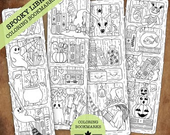 Cozy Bookshelves coloring bookmarks set of 4 hand drawn printable gift for readers PDF instant download