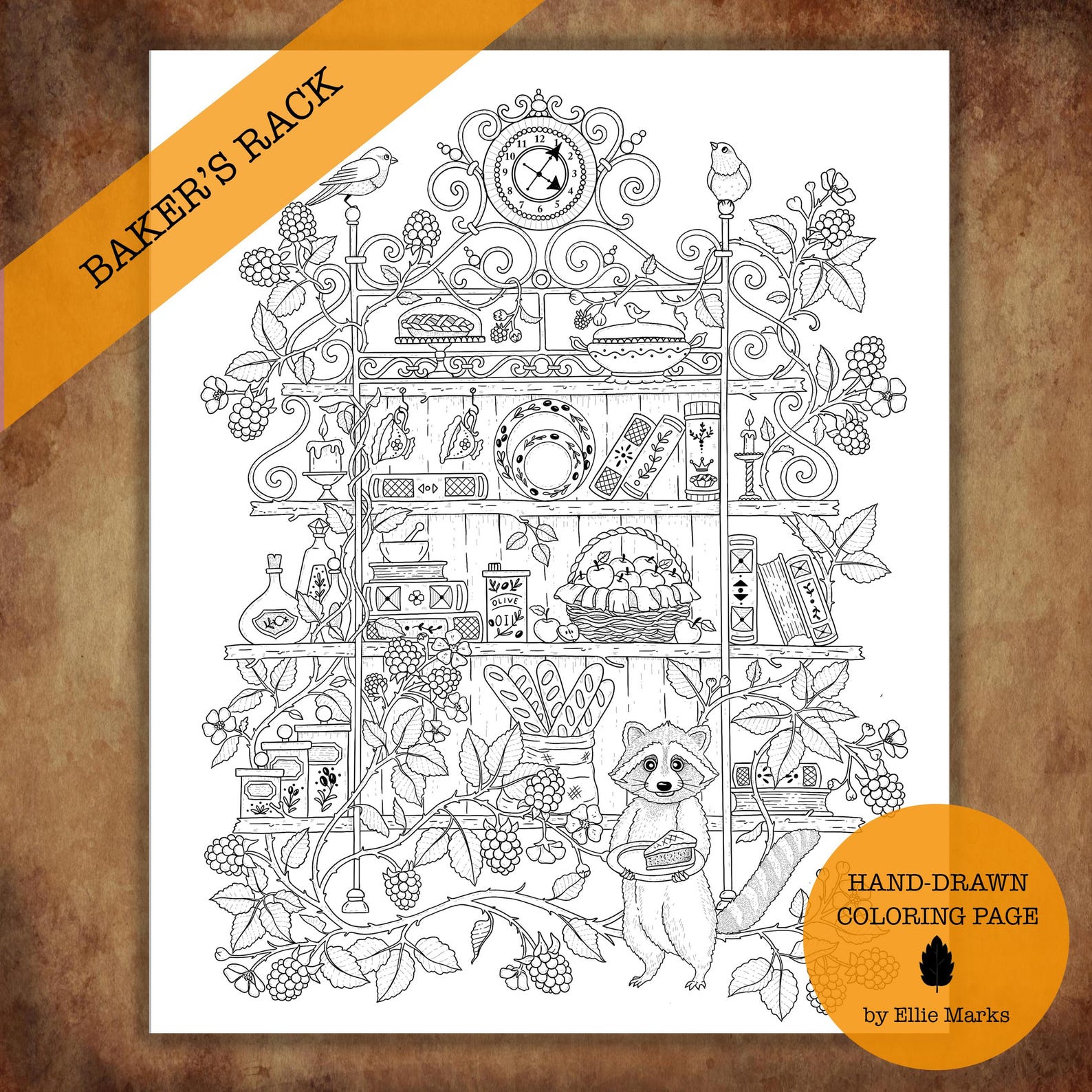 Storage Rack Coloring Pages Baker's Rack Coloring Page Hand Drawn Cottagecore Raccoon Blackberry ...