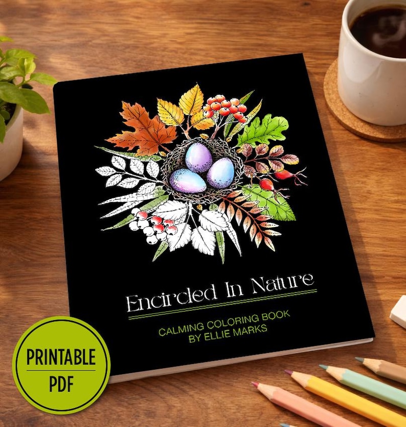 Eingekreist in der Natur — Handgezeichnetes botanisches Malbuch für Erwachsene, printable PDF Instant Download Bild 1