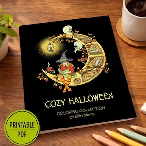 May include: A black colouring book titled COZY HALLOWEEN COLOURING COLLECTION by Ellie Marks. The cover features a yellow crescent moon shaped bookshelf with a witch reading, two ghosts, a lantern, and autumn leaves. A green circle says PRINTABLE PDF.