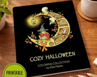 May include: A black coloring book titled COZY HALLOWEEN COLORING COLLECTION by Ellie Marks. The cover features a yellow crescent moon shaped bookshelf with a witch reading, two ghosts, a lantern, and autumn leaves. A green circle says PRINTABLE PDF.