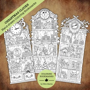 May include: Three black and white Christmas-themed coloring bookmarks. Each bookmark features a clock design with festive elements like houses, gifts, and Christmas trees. The text "CHRISTMAS CLOCKS Hand-drawn Coloring Bookmarks" is visible.