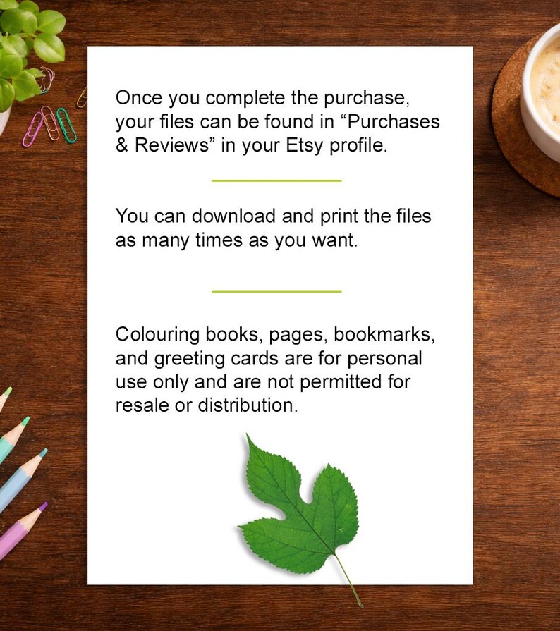 Peut inclure: Une feuille de papier blanche avec du texte sur les t&eacute;l&eacute;chargements num&eacute;riques Etsy. Une feuille verte et des crayons de couleur sont sur une surface en bois. Le texte donne des instructions.