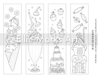 May include: Four black and white printable bookmarks featuring different dessert themes. The first bookmark shows an ice cream cone with three scoops of ice cream, a cherry on top, and sprinkles. The second bookmark shows a milkshake with a straw and whipped cream. The third bookmark shows a three-tiered cake with a bow and flowers. The fourth bookmark shows a gingerbread house with a candy cane and a donut.