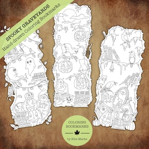 Puede incluir: Tres marcapáginas para colorear dibujados a mano con temática de cementerio espeluznante. Los marcapáginas presentan calabazas, fantasmas, murciélagos, lápidas y otras ilustraciones con temática de Halloween. También se ve el texto "Spooky Graveyards" y "Coloring Bookmarks".