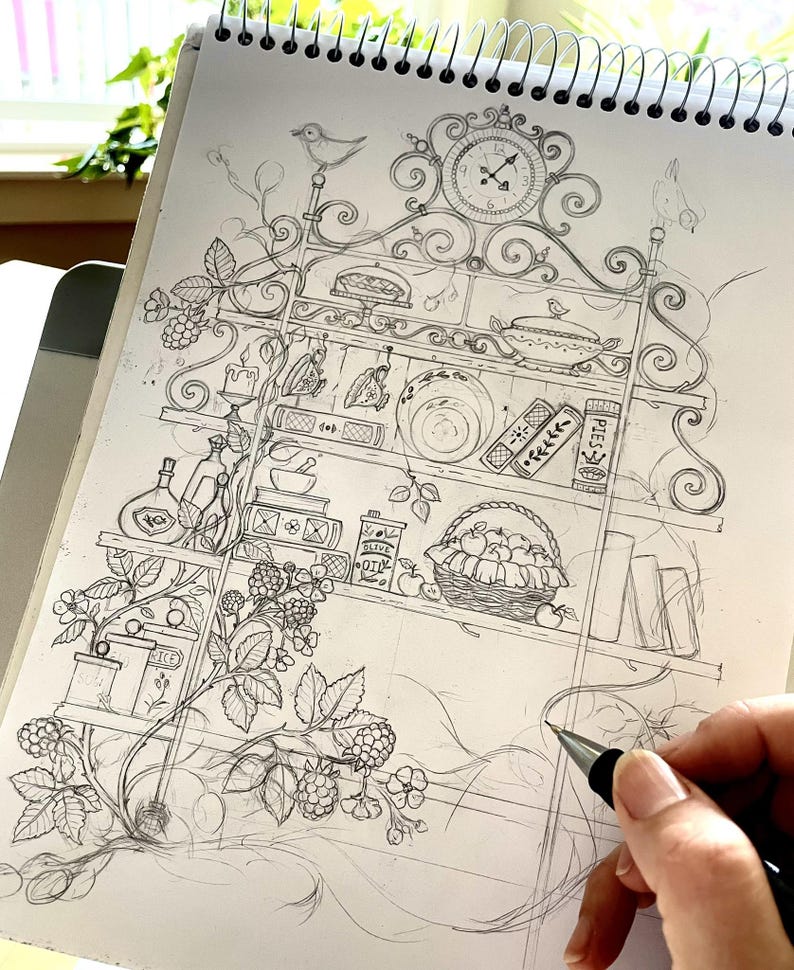 Storage Rack Coloring Pages Baker's Rack Coloring Page Hand Drawn Cottagecore Raccoon Blackberry ...