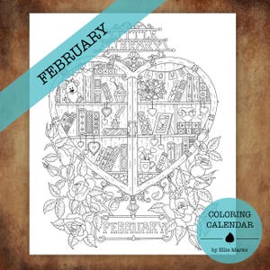 May include: Black and white coloring page featuring a heart-shaped bookshelf filled with books, a teddy bear, and decorative elements. The word "FEBRUARY" is displayed on a diagonal banner and at the bottom. The words "LITTLE LIBRARY" are at the top.