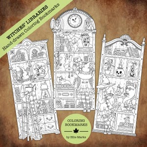 Op de afbeelding: Drie zwart-wit kleurboekenleggers met illustraties met een heksenthema. De boekenleggers tonen boekenplanken met verschillende Halloween-gerelateerde items, waaronder katten, geesten en heksenhoeden. De tekst "WITCHES' LIBRARIES" en "COLORING BOOKMARKS" is zichtbaar.