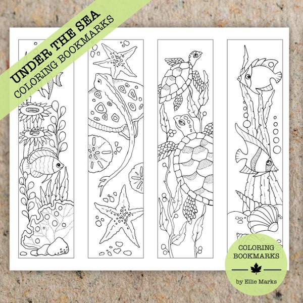 UNDER THE SEA Coloring Bookmarks: 4 hand-drawn printable bookmarks