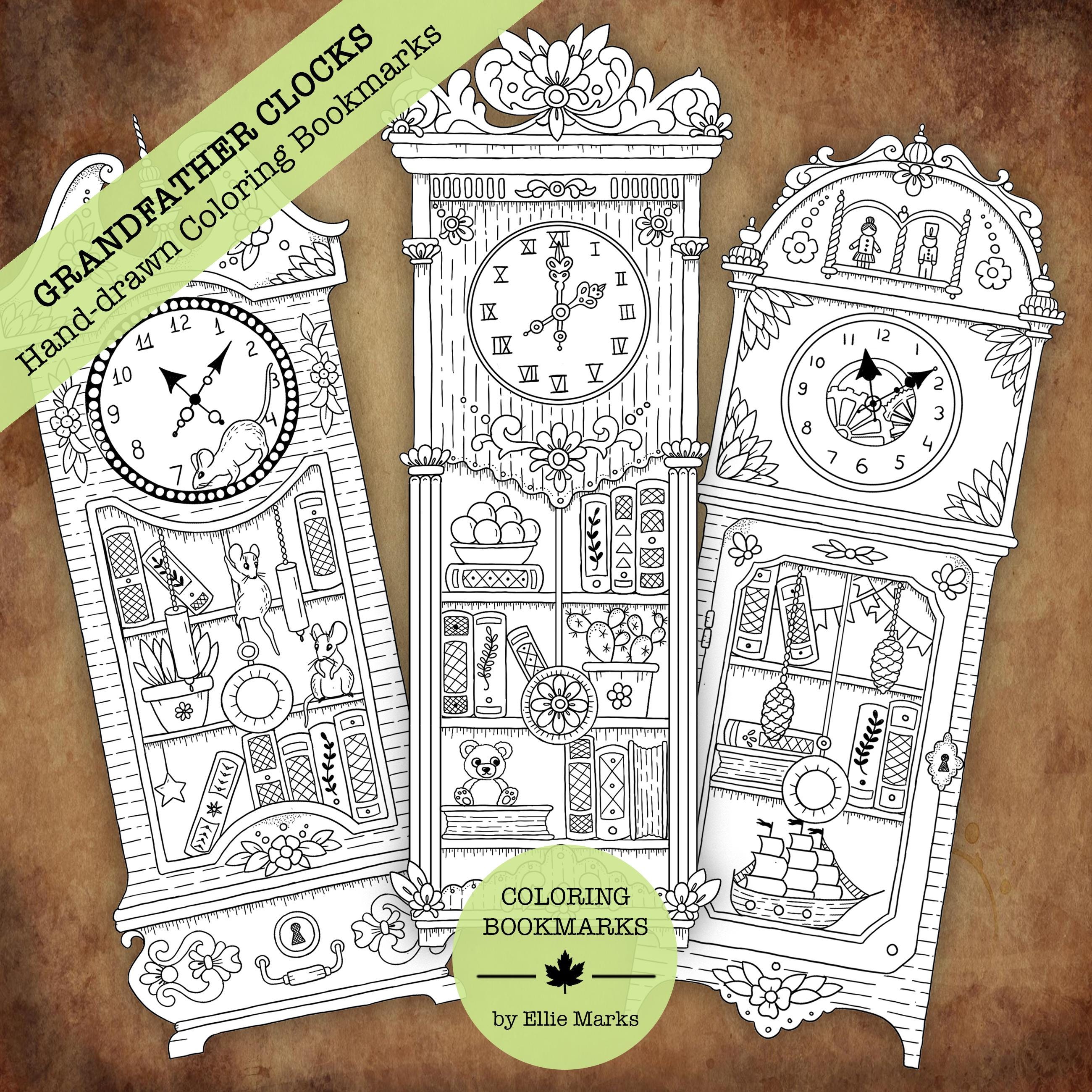 Coloring Bookmarks by Ellie Marks | Grandfather Clocks | Printable Colouring Page Coloring Book Instant Download PDF JPG