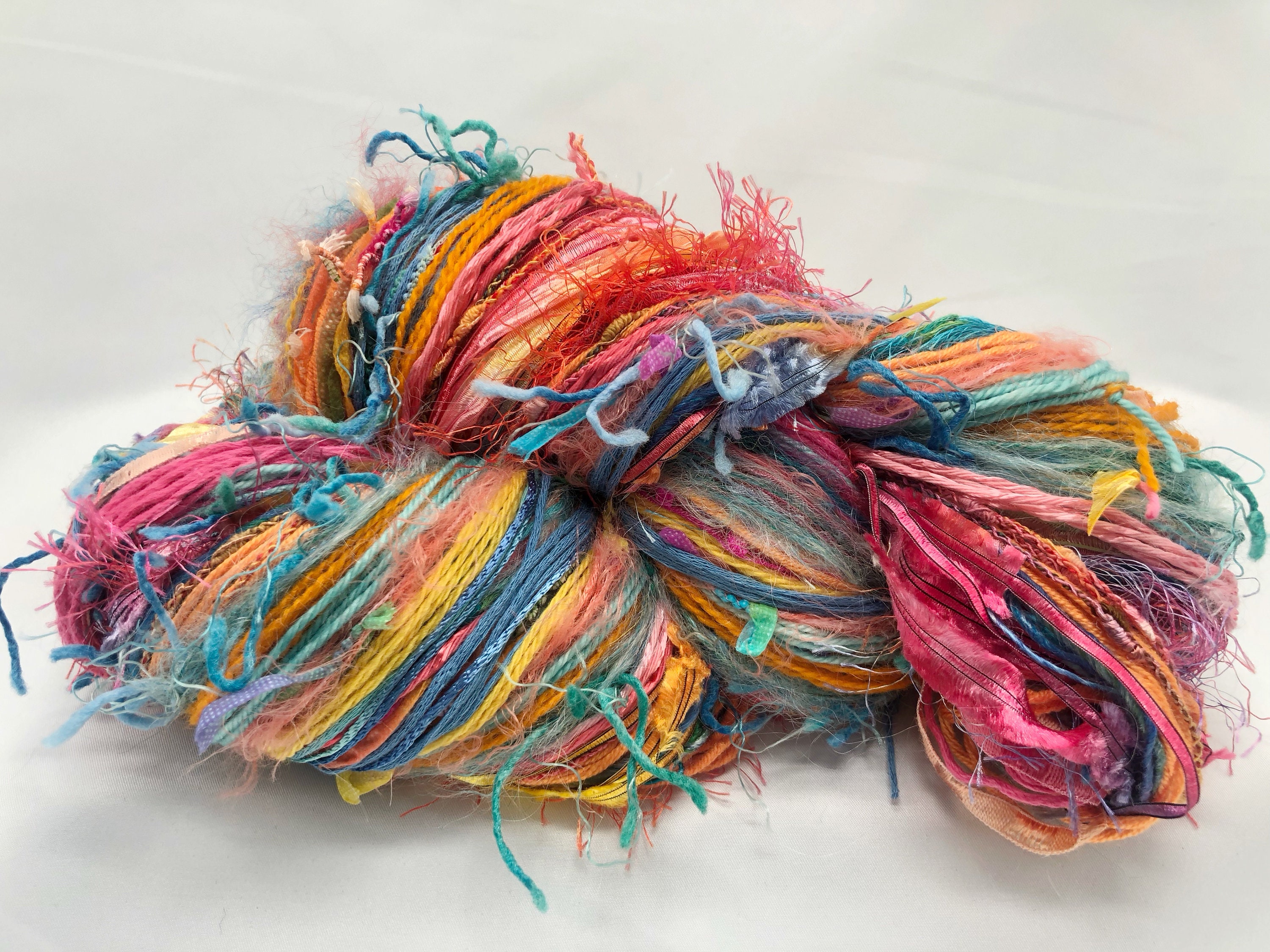 Art Yarn, Hand Tied Skein Hank, Turquoise, Orange, Pink, Saori Weaving,  Knitting and Crochet Yarn, Textile Art Supply, Gift for Weavers 