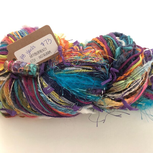 Art yarn skein hand made, hand tied knotted, gift for knitters, Saori weaving, tapestry, jewel rainbow of textures, novelty & luxury fibers