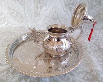 Set of Brass Silver Plated Moroccan Teapot 750 ml for 7 Tea Cups and its matching tray 14”