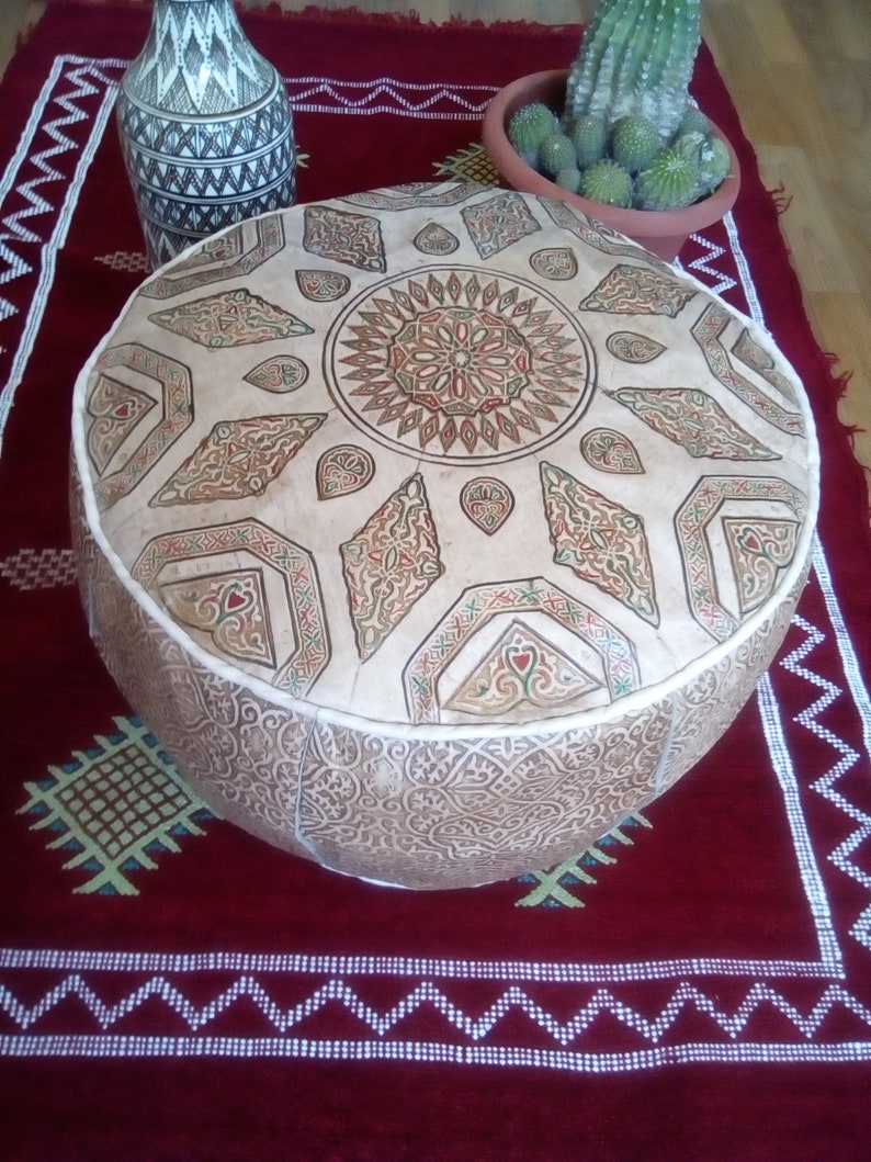 Large Moroccan handmade Genuine leather Pouf Cover D19.7 X H14 Diameter 50 cm, High 35 cm Footstool Ottoman pouffe