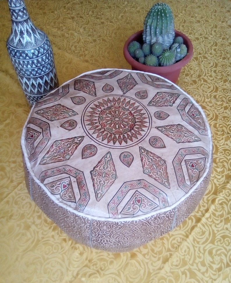 Large Moroccan handmade Genuine leather Pouf Cover D19.7 X H14 Diameter 50 cm, High 35 cm Footstool Ottoman pouffe