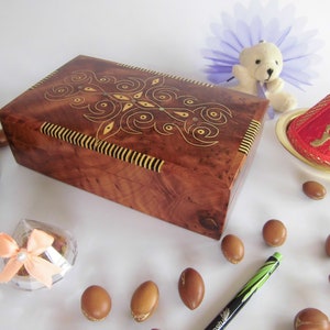 Moroccan Handmade thuya wood jewelry organizer box, storage box, 8”X 4.5” X 2.5”