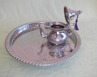 Set of Brass Silver Plated Moroccan Teapot 320 ml 3 Tea Cups and its matching tray 12”