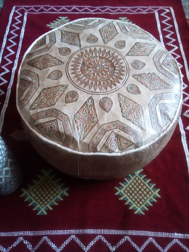 Large Moroccan handmade Genuine leather Pouf Cover D19.7 X H14 Diameter 50 cm, High 35 cm Footstool Ottoman pouffe