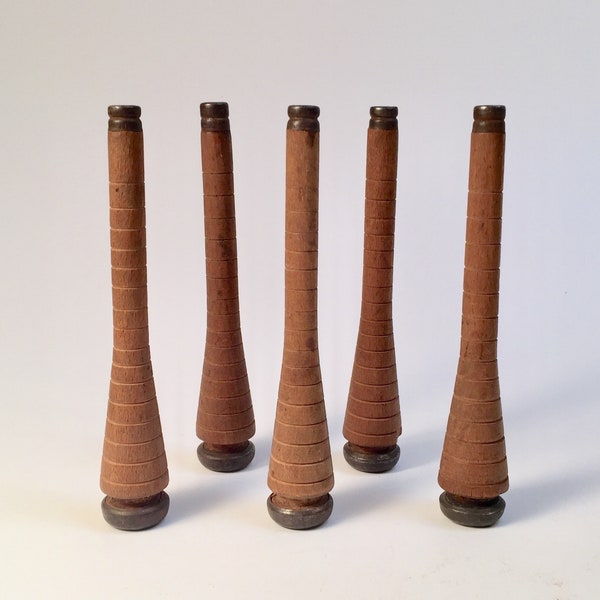 Set of Five Vintage Wood and Brass Textile Bobbins, Loom Spindles, Wooden Mill Bobbin, Wooden Textile Spool, Vintage Home Decor