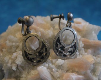 Black Inlay Sterling Silver Screw Back Earrings