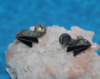 Abalone & Black Inlay Screw Back Sterling Silver Earrings