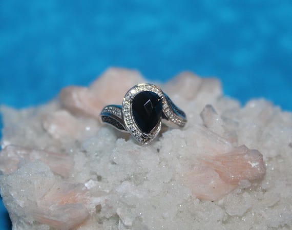 Black Teardrop Stone Sterling Silver Ring