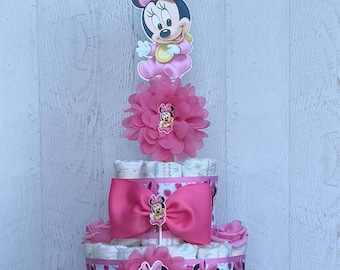 Minnie Mouse 4 tier Diaper Cake Girl includes Baby Headband , Baby Minnie Mouse Baby Shower Gift , Table Centerpieces